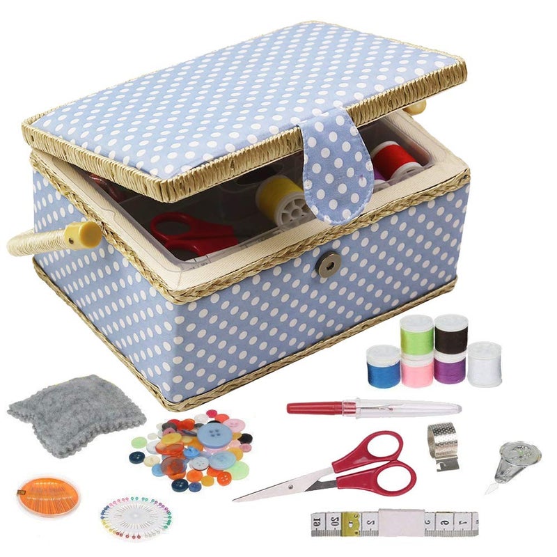 D&D Sewing Box with Sewing Kit Accessories, D&D Wooden Sewing Basket Organizer with Accessories for Home, Travel, Blue Polka Dot - Image 1
